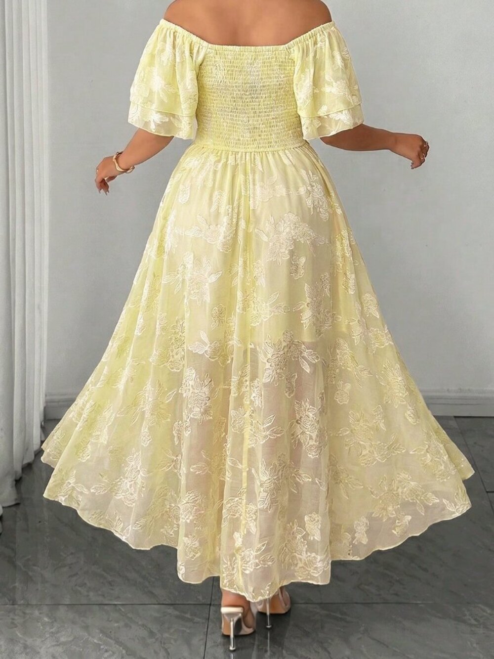 Light Yellow Elegant Women's Plus Size Off-Shoulder Floral hi low Maxi Dress - Picture 2 of 5